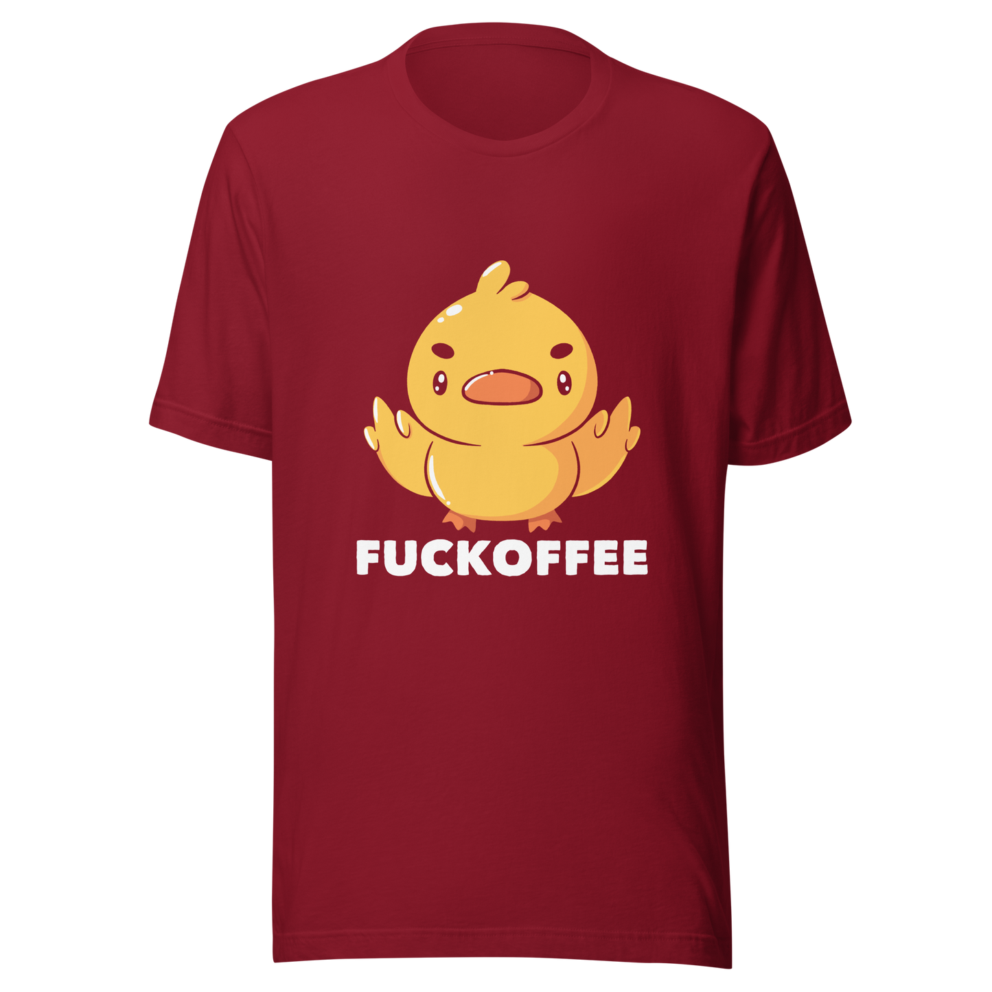 A cute yellow duckling with a mean face showing his middle fingers, next to it the phrase "Fuckoffee". An art with humor for those who love ducks.