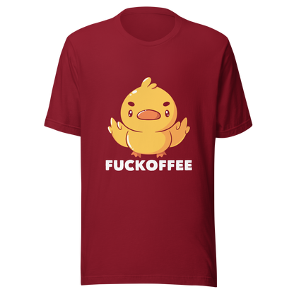 A cute yellow duckling with a mean face showing his middle fingers, next to it the phrase "Fuckoffee". An art with humor for those who love ducks.