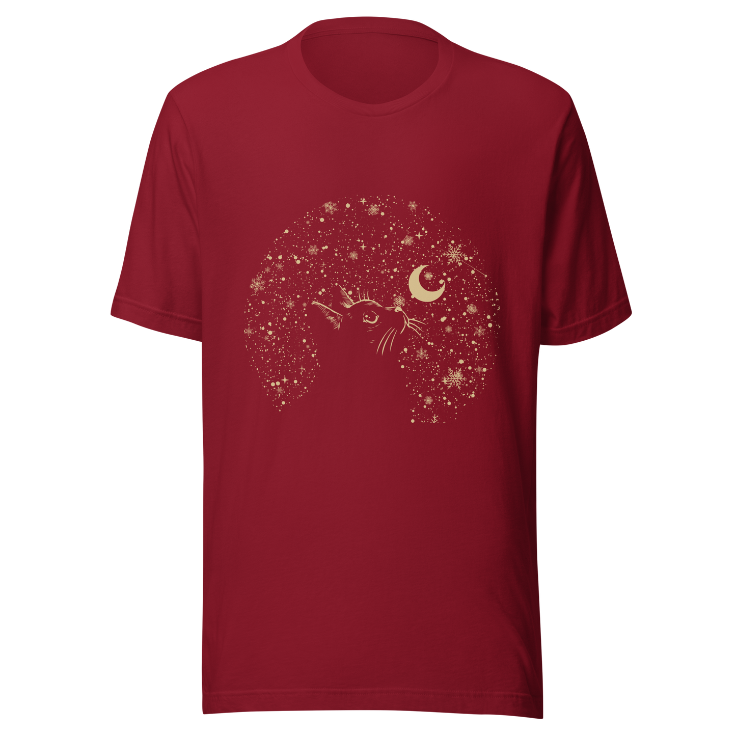 A minimalist artwork featuring a kitten in profile, gazing at the crescent moon on a quiet, moonlit night. A poetic piece, perfect for those who love cats and a slightly melancholic winter atmosphere.