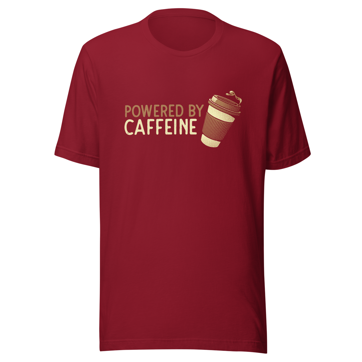 A steaming coffee cup tilts playfully beside the phrase “Powered by Caffeine,” written in bold, vintage-style lettering. This design perfectly captures the spirit of those who run entirely on coffee and determination. Ideal for caffeine lovers, coffee addicts and anyone who can’t start the day without their favorite brew.