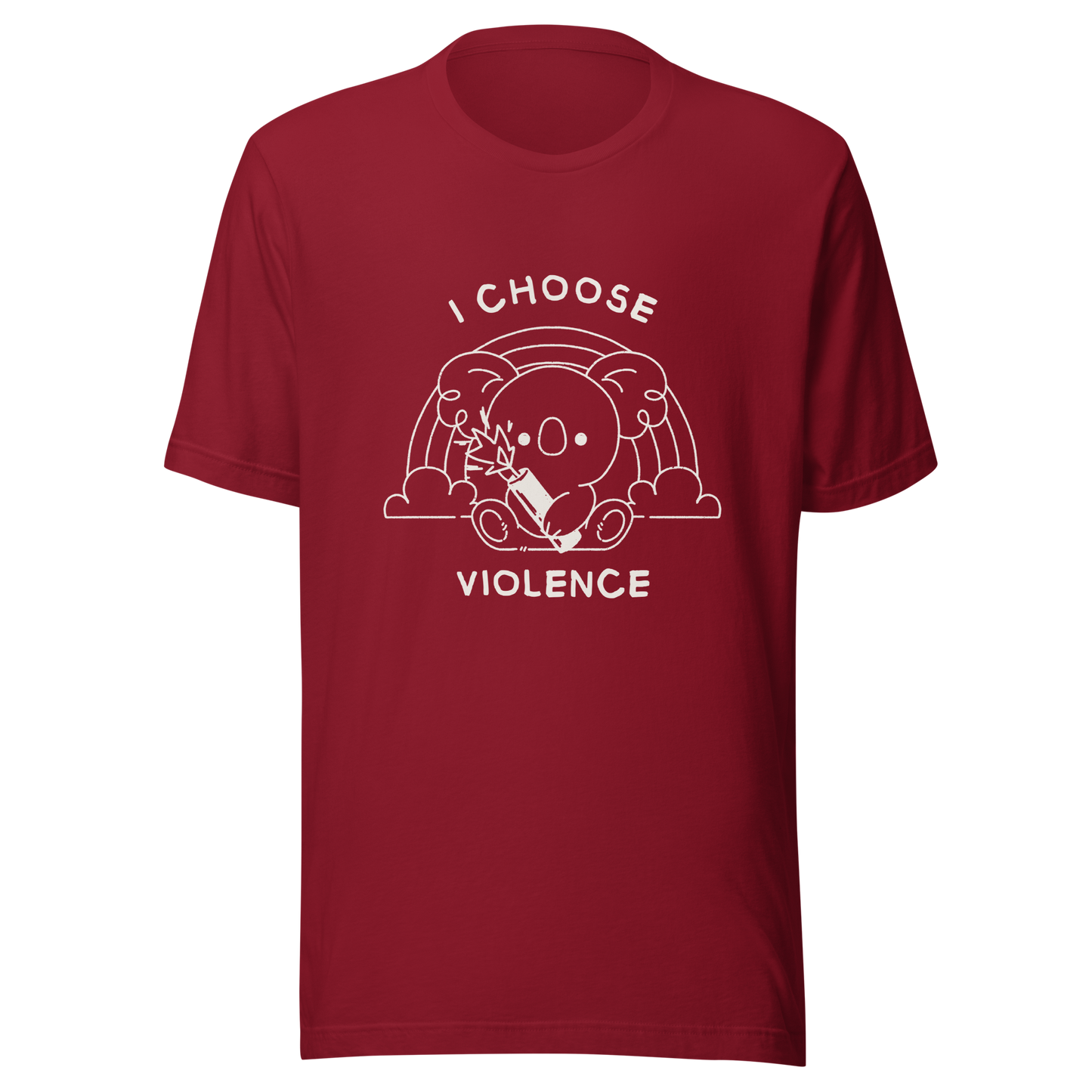 An adorable koala holding a stick of dynamite in front of a rainbow, paired with the phrase ‘I Choose Violence’. A playful mix of cuteness and dark irony, perfect for anyone who loves chaotic humor and bold, irreverent designs.