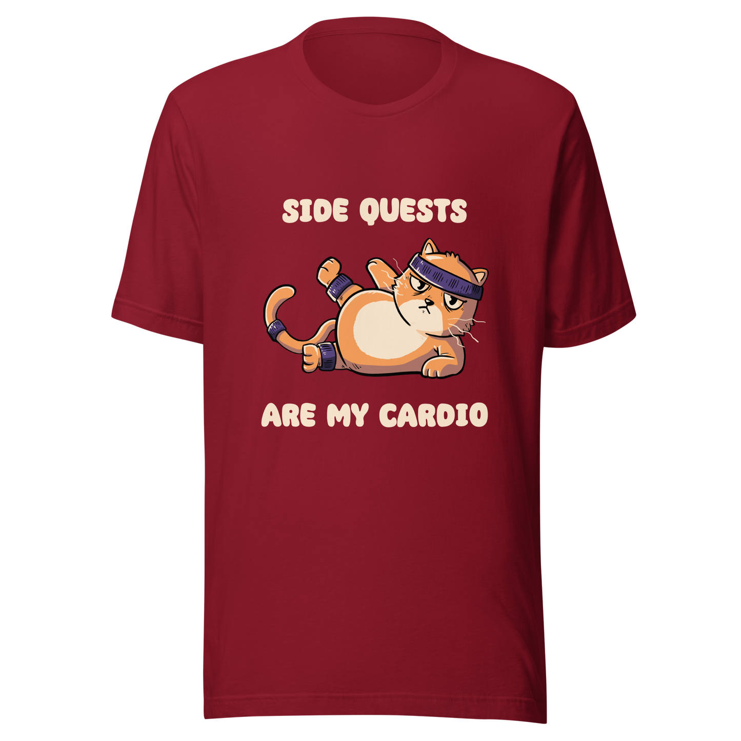 An orange kitten in gym clothes doing an aerobic workout, paired with the phrase ‘Side Quests Are My Cardio Gym Cat’. A humorous design that mixes cats, gaming vibes and fitness irony, perfect for those who prefer playful side quests over serious workouts.