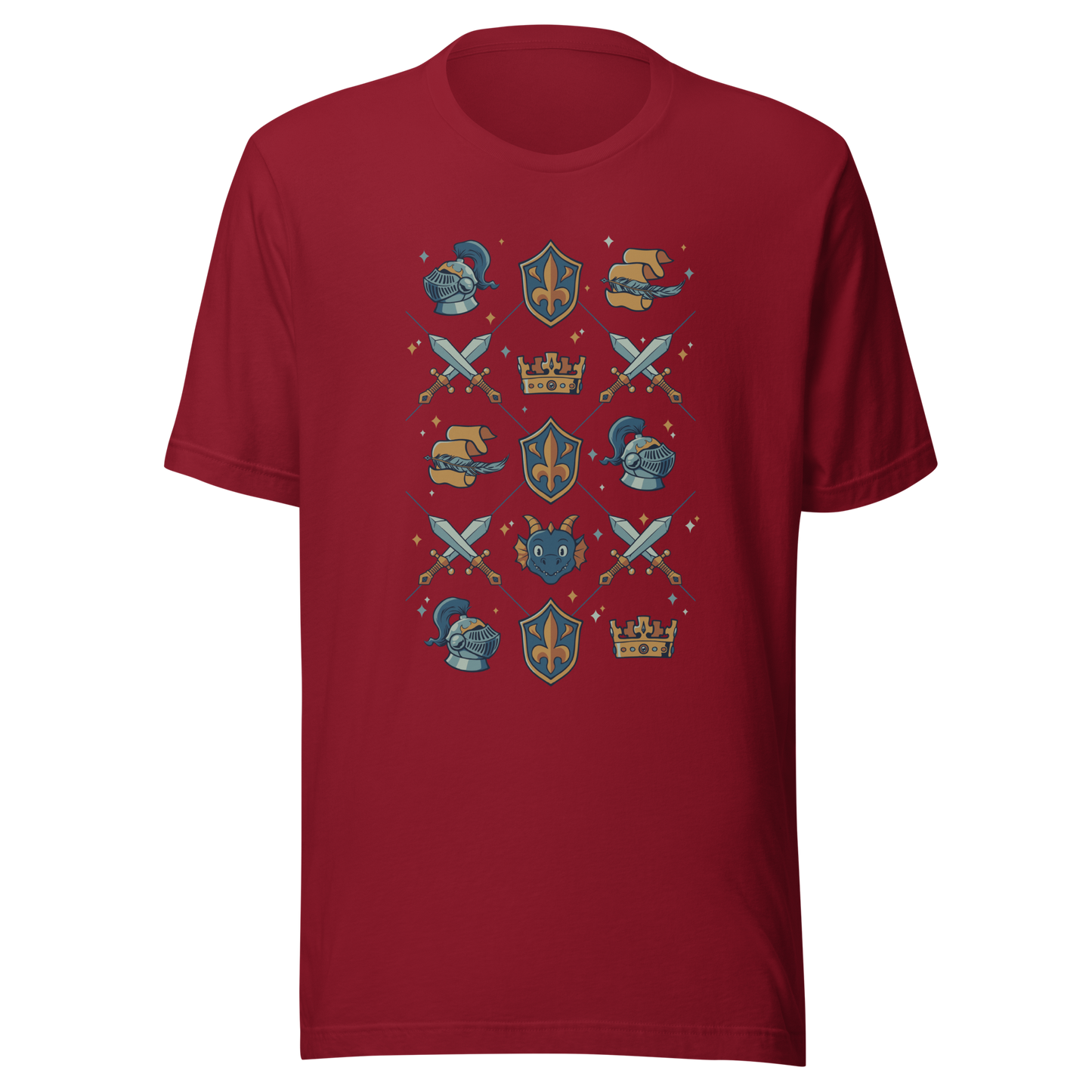The artwork features swords, knight's helmets, crowns and dragons. Blending medieval fantasy with classic symbols of bravery, royalty, and magic, creating a strong and elegant composition. Ideal for fans of epic fantasy, knights, dragons, and anyone who loves prints with a heroic and stylish vibe.