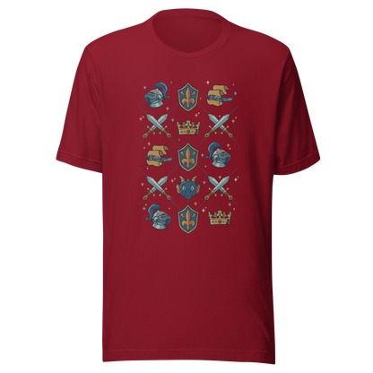 The artwork features swords, knight's helmets, crowns and dragons. Blending medieval fantasy with classic symbols of bravery, royalty, and magic, creating a strong and elegant composition. Ideal for fans of epic fantasy, knights, dragons, and anyone who loves prints with a heroic and stylish vibe.
