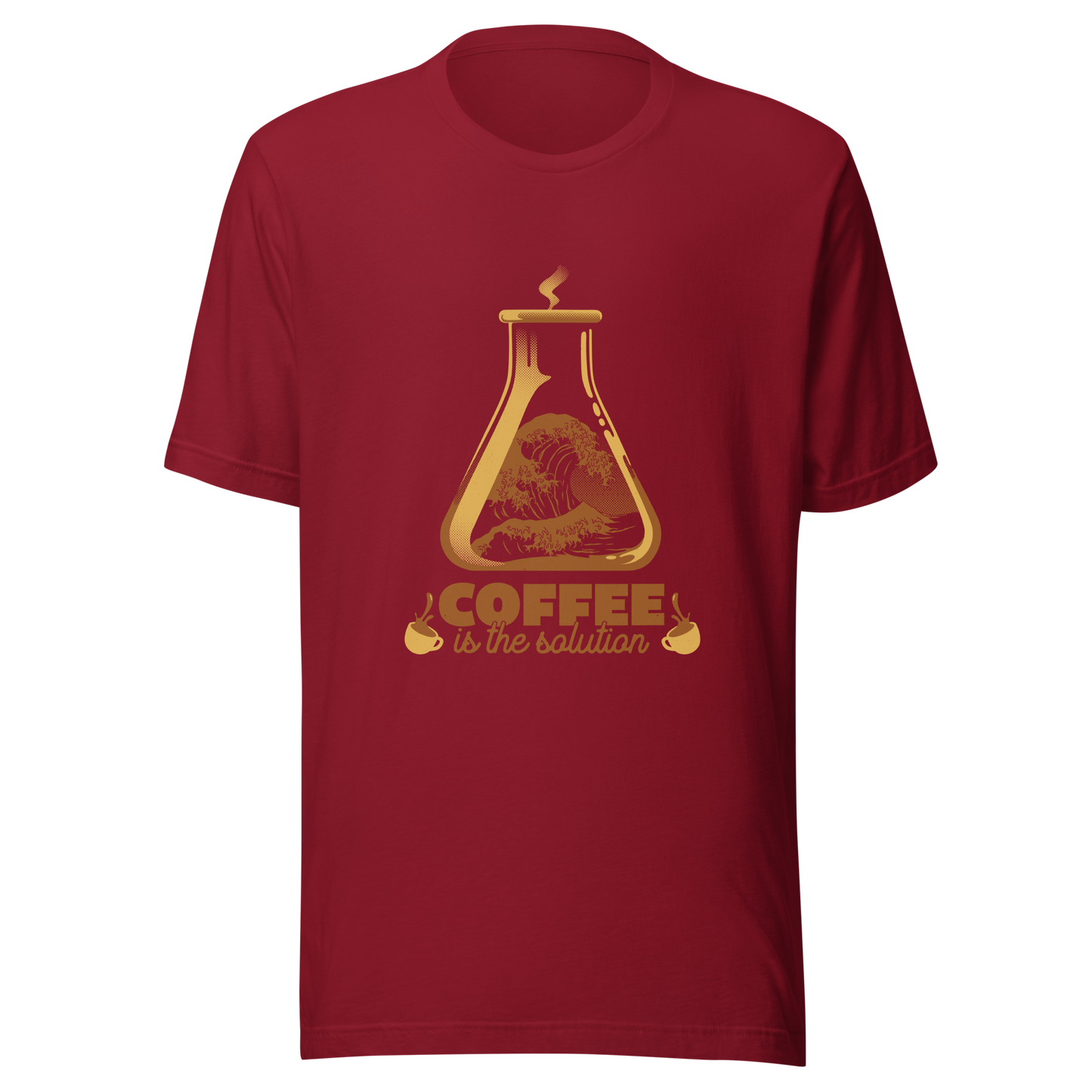 A stylized laboratory flask holding a powerful ocean wave, paired with bold retro typography reading ‘Coffee is the solution’. A playful design that blends science, humor, and coffee culture, perfect for coffee lovers, scientists, students, and anyone who believes caffeine solves most daily problems.