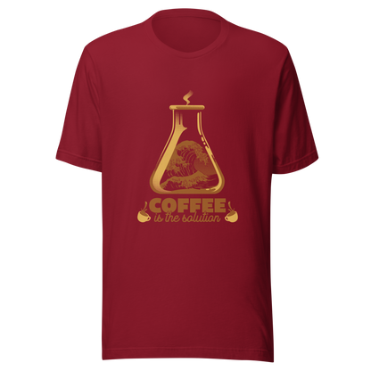 A stylized laboratory flask holding a powerful ocean wave, paired with bold retro typography reading ‘Coffee is the solution’. A playful design that blends science, humor, and coffee culture, perfect for coffee lovers, scientists, students, and anyone who believes caffeine solves most daily problems.
