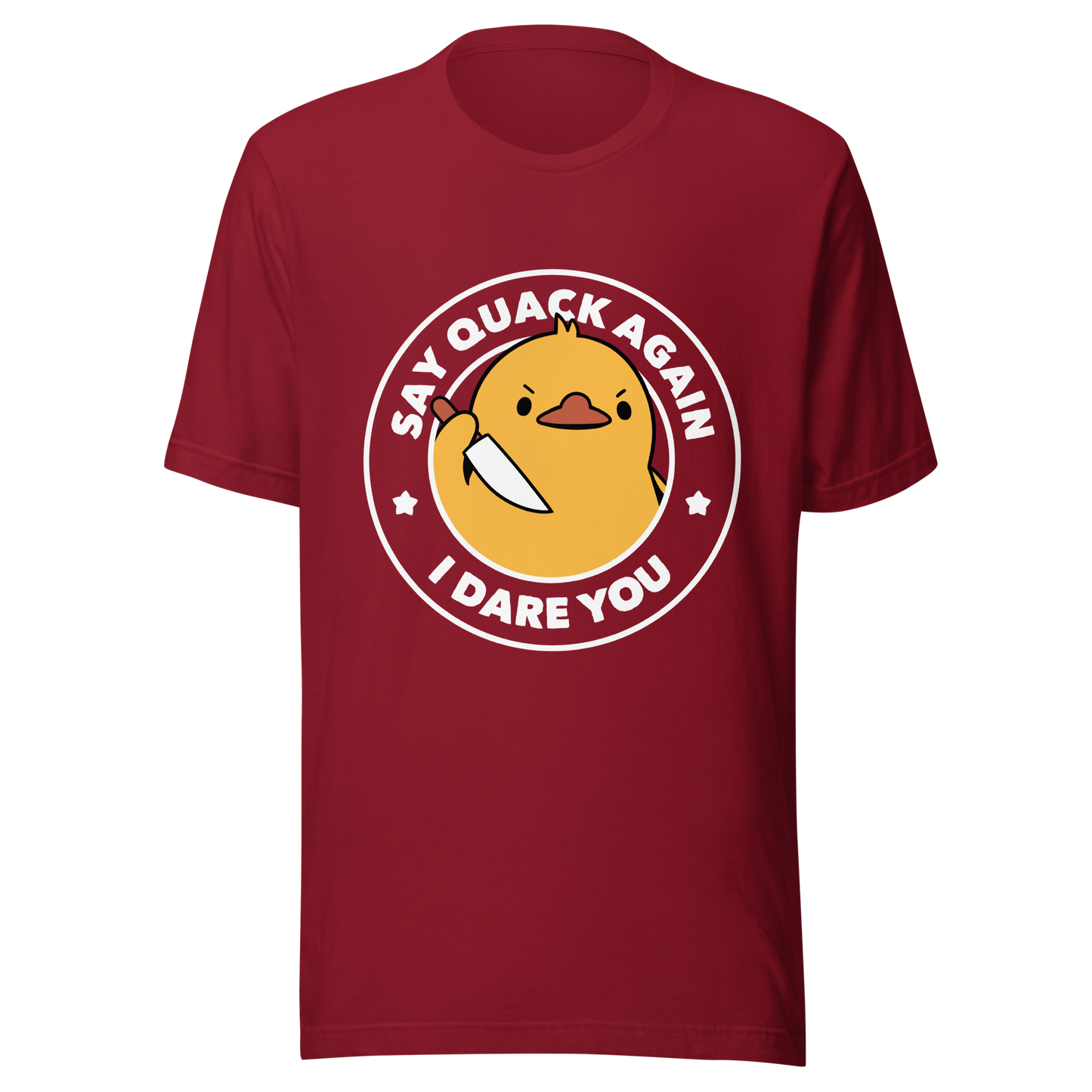 A cute duckling holding a knife with an angry face. Wrapped with a funny phrase that says "Say Quack Again I Dare You". This design plays with the mix between cuteness and bold humor, creating a fun and striking contrast. Perfect for duck lovers, meme fans, and those who enjoy humorous prints.