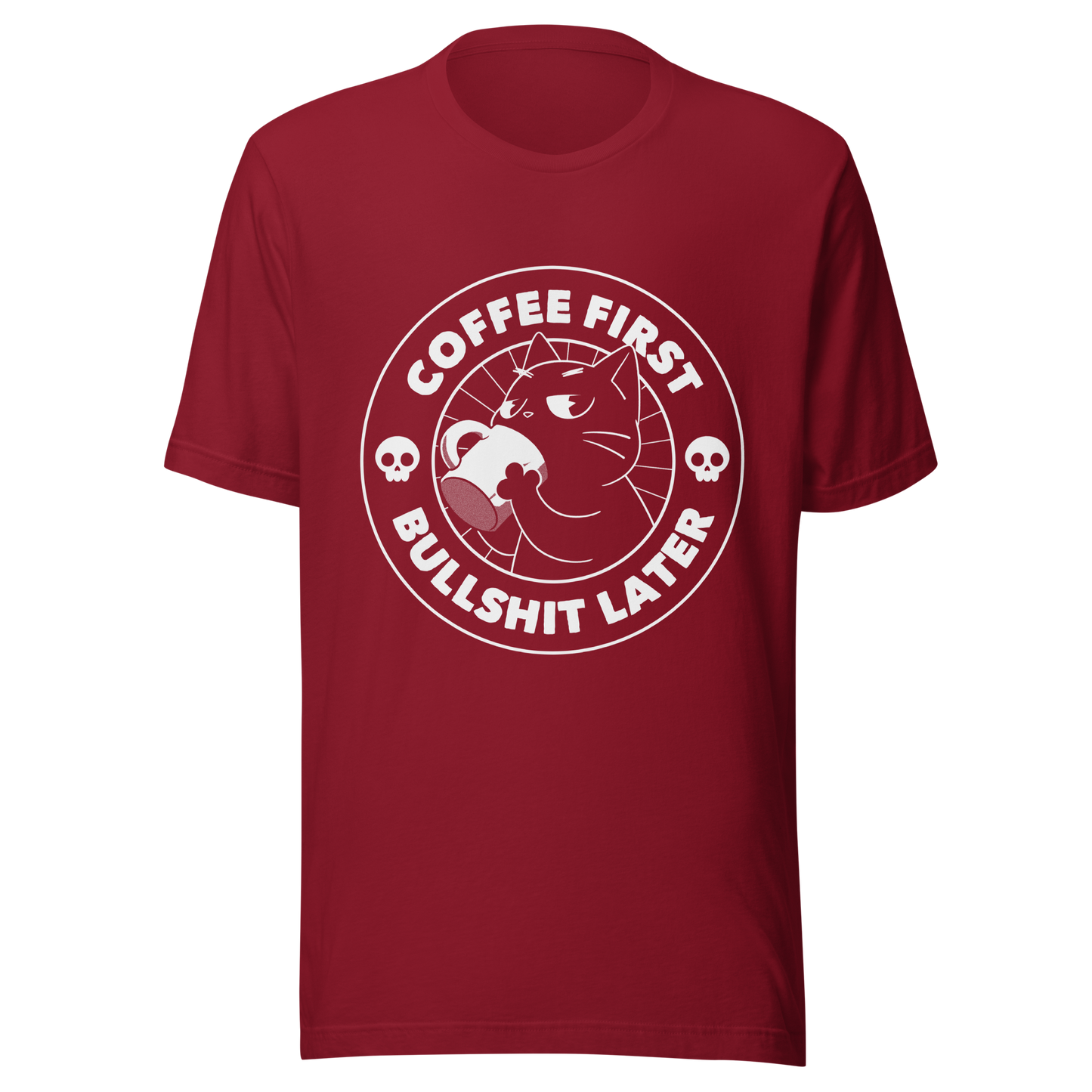 A black cat enjoys a hot cup of coffee, surrounded by the phrase “Coffee First Bullshit Later” adorned with skulls. This design combines dark humor with a touch of humor, perfect for those who face the day with equal doses of coffee and sarcasm. Made for lovers of felines, sarcasm and that extra dose of morning caffeine.