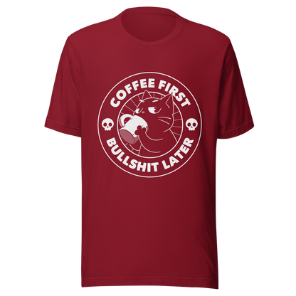 A black cat enjoys a hot cup of coffee, surrounded by the phrase “Coffee First Bullshit Later” adorned with skulls. This design combines dark humor with a touch of humor, perfect for those who face the day with equal doses of coffee and sarcasm. Made for lovers of felines, sarcasm and that extra dose of morning caffeine.