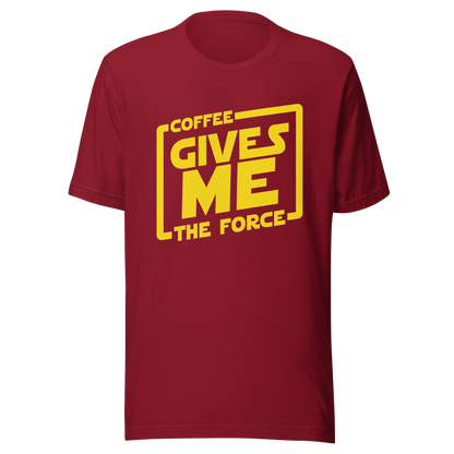 An artwork in yellow inspired by classic space adventure movies, featuring the phrase “Coffee Gives Me The Force”. A fun design for coffee lovers, sci-fi fans and anyone powered by caffeine and galaxy vibes.