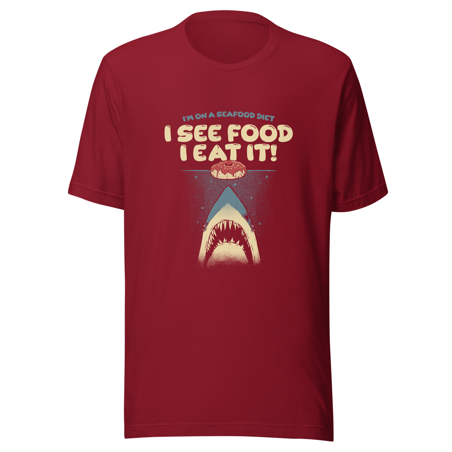 A shark rising from the water toward a floating donut, paired with playful retro typography. The artwork uses visual humor and a classic joke to create a fun, eye-catching composition with strong graphic contrast. Perfect for humor lovers, food fans, and anyone who enjoys witty designs with a slightly cheeky twist.