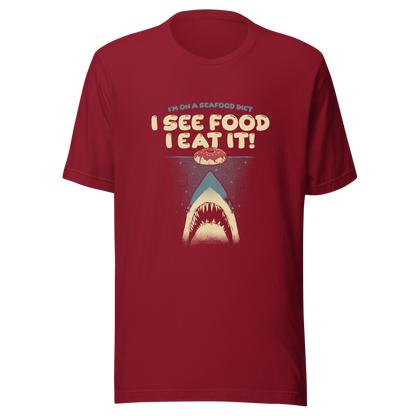 A shark rising from the water toward a floating donut, paired with playful retro typography. The artwork uses visual humor and a classic joke to create a fun, eye-catching composition with strong graphic contrast. Perfect for humor lovers, food fans, and anyone who enjoys witty designs with a slightly cheeky twist.