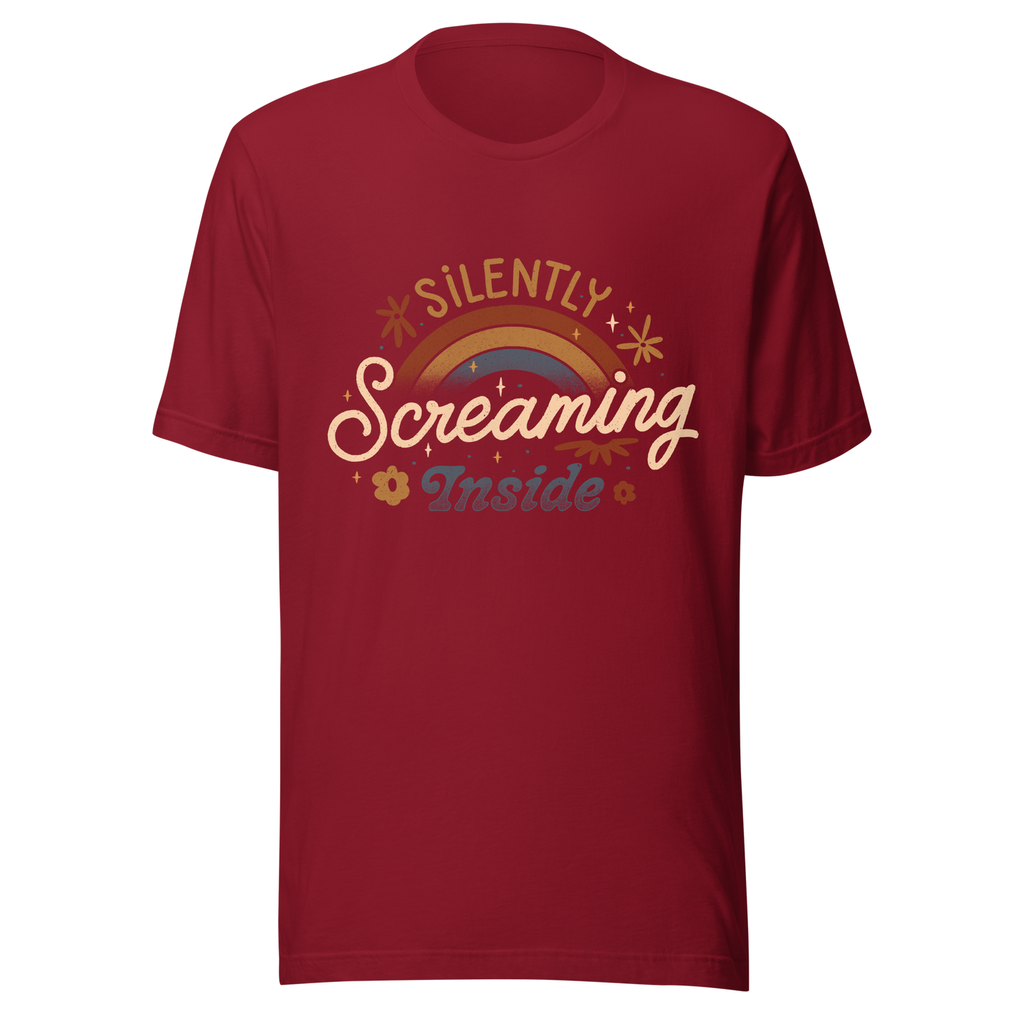 A fun and cute lettering design with a rainbow in the background and the phrase ‘Silently Screaming Inside’. The contrast between cheerful visuals and dark humour makes it perfect for those who cope with irony and sarcasm.