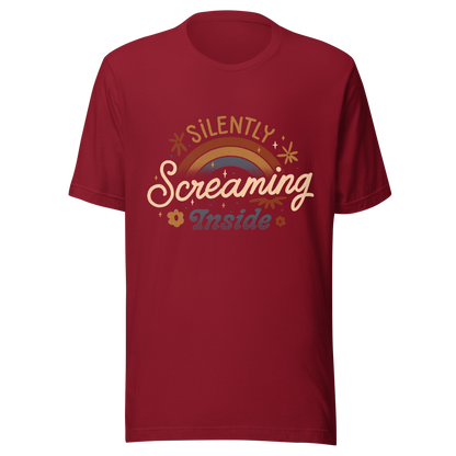 A fun and cute lettering design with a rainbow in the background and the phrase ‘Silently Screaming Inside’. The contrast between cheerful visuals and dark humour makes it perfect for those who cope with irony and sarcasm.