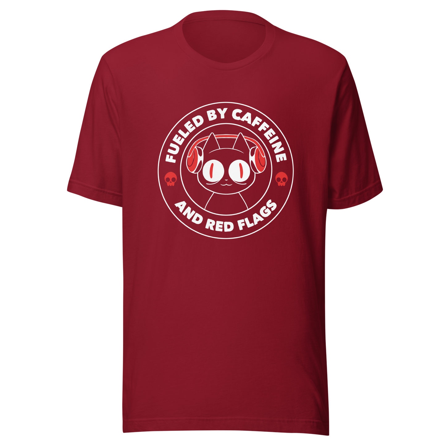 A stamp-style illustration of a black cat wearing headphones, featuring the phrase “Fueled by Caffeine and Red Flags”. A humorous and ironic design perfect for coffee lovers, chaotic souls, and anyone who embraces their red flags with style.