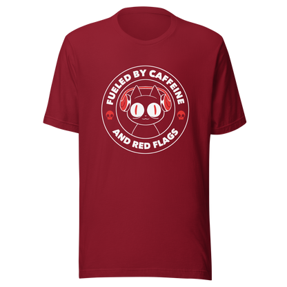 A stamp-style illustration of a black cat wearing headphones, featuring the phrase “Fueled by Caffeine and Red Flags”. A humorous and ironic design perfect for coffee lovers, chaotic souls, and anyone who embraces their red flags with style.