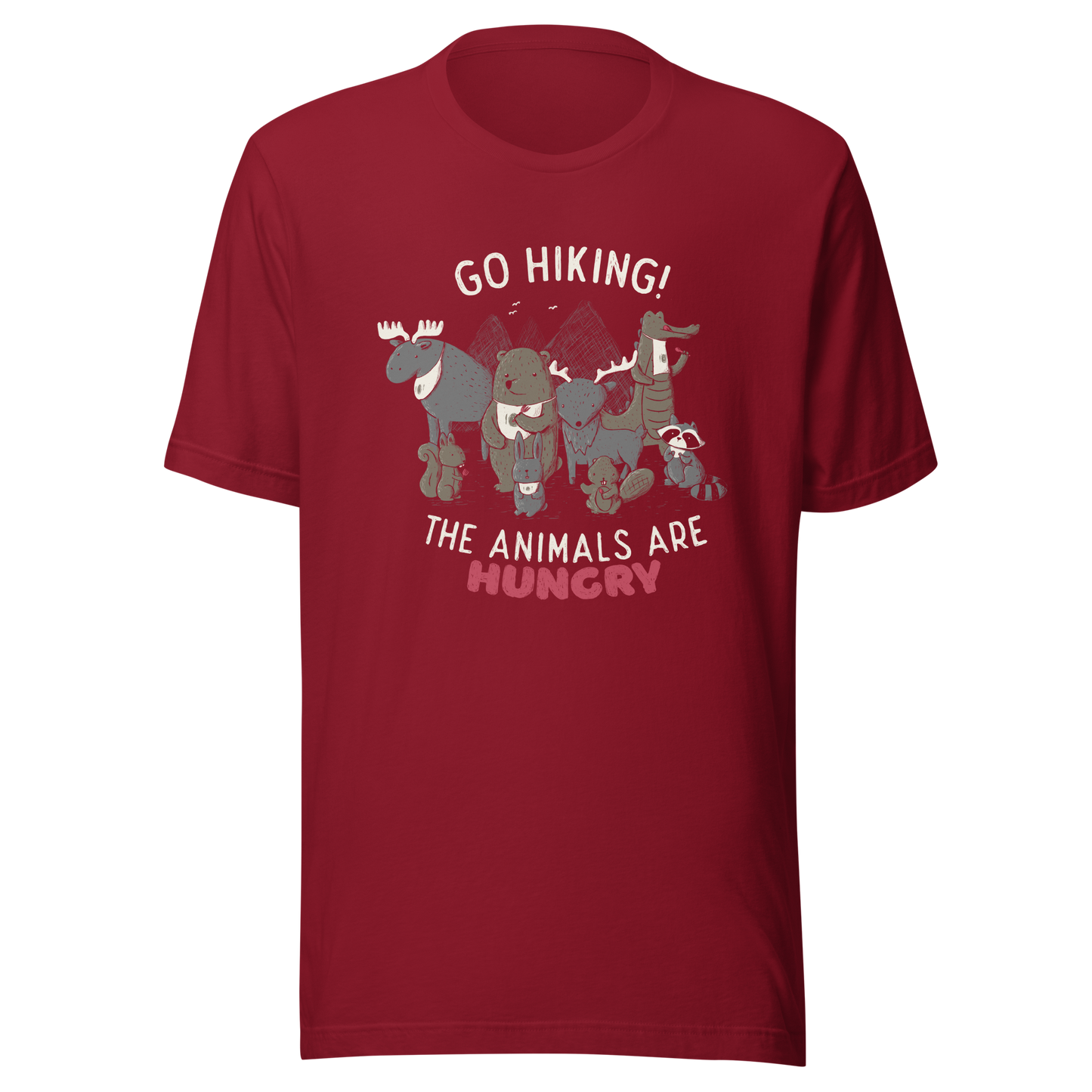 A playful nighttime illustration of cute animals gathered around a meal, holding utensils and napkins, ready to eat. Paired with the humorous phrase “Go Hiking! The Animals Are Hungry”, this whimsical design is perfect for animal lovers, fans of ironic humour, and anyone who enjoys fun art with a cheeky twist.