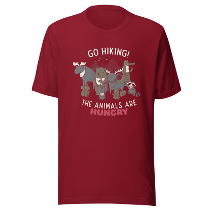 A playful nighttime illustration of cute animals gathered around a meal, holding utensils and napkins, ready to eat. Paired with the humorous phrase “Go Hiking! The Animals Are Hungry”, this whimsical design is perfect for animal lovers, fans of ironic humour, and anyone who enjoys fun art with a cheeky twist.