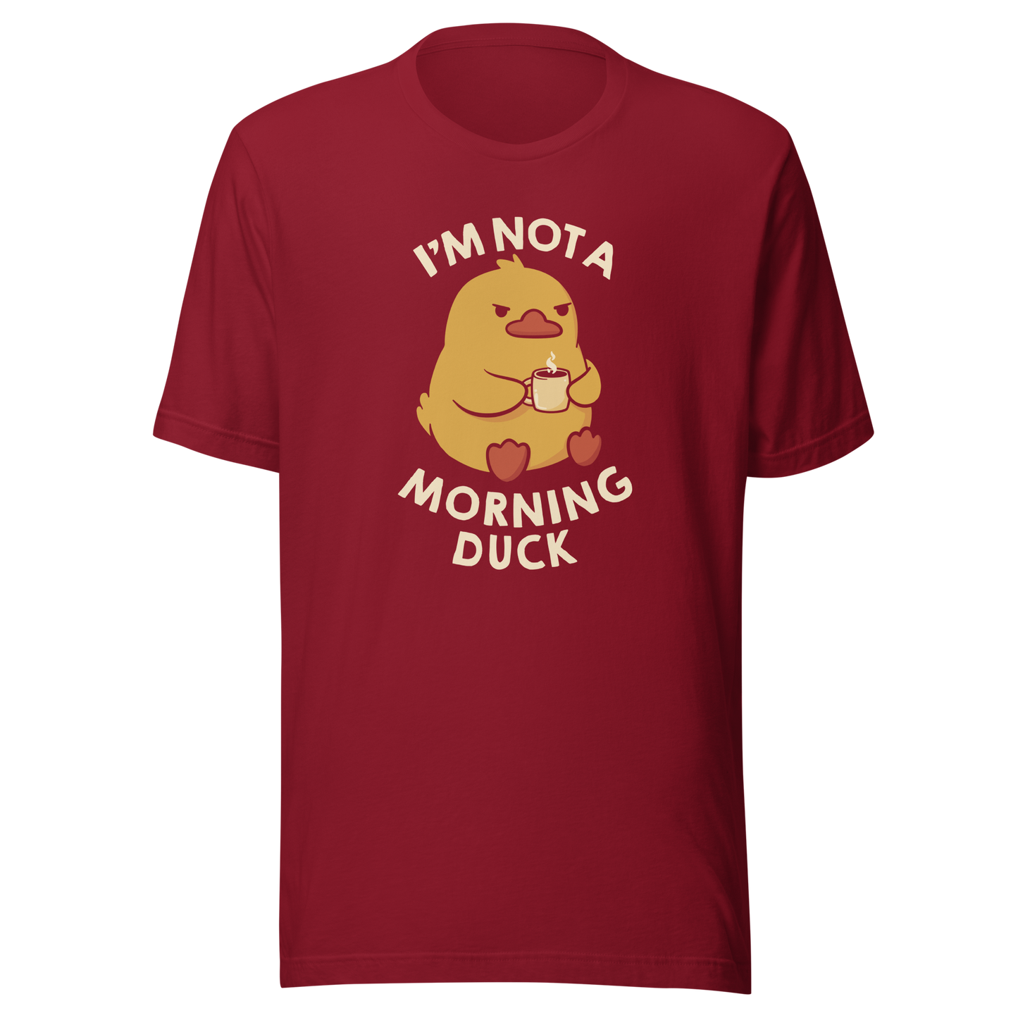 A cute little yellow duck, with a grumpy face, holding a mug of coffee and surrounded by the words "I'm Not a Morning Duck". This design plays on the humor of difficult mornings, mixing cuteness and sarcasm for those who only function after coffee. Perfect for those who are not at all morning people, coffee lovers and fans of funny prints and cute ducks.