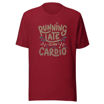 A playful hand-lettered typography design featuring the phrase “Running Late Is My Cardio,” with heartbeat lines and dynamic accents on the background. The artwork jokes that being late is the only form of exercise, poking fun at rushed mornings and chaotic routines with lighthearted humor. Ideal for chronically late people and anyone who loves good humor.