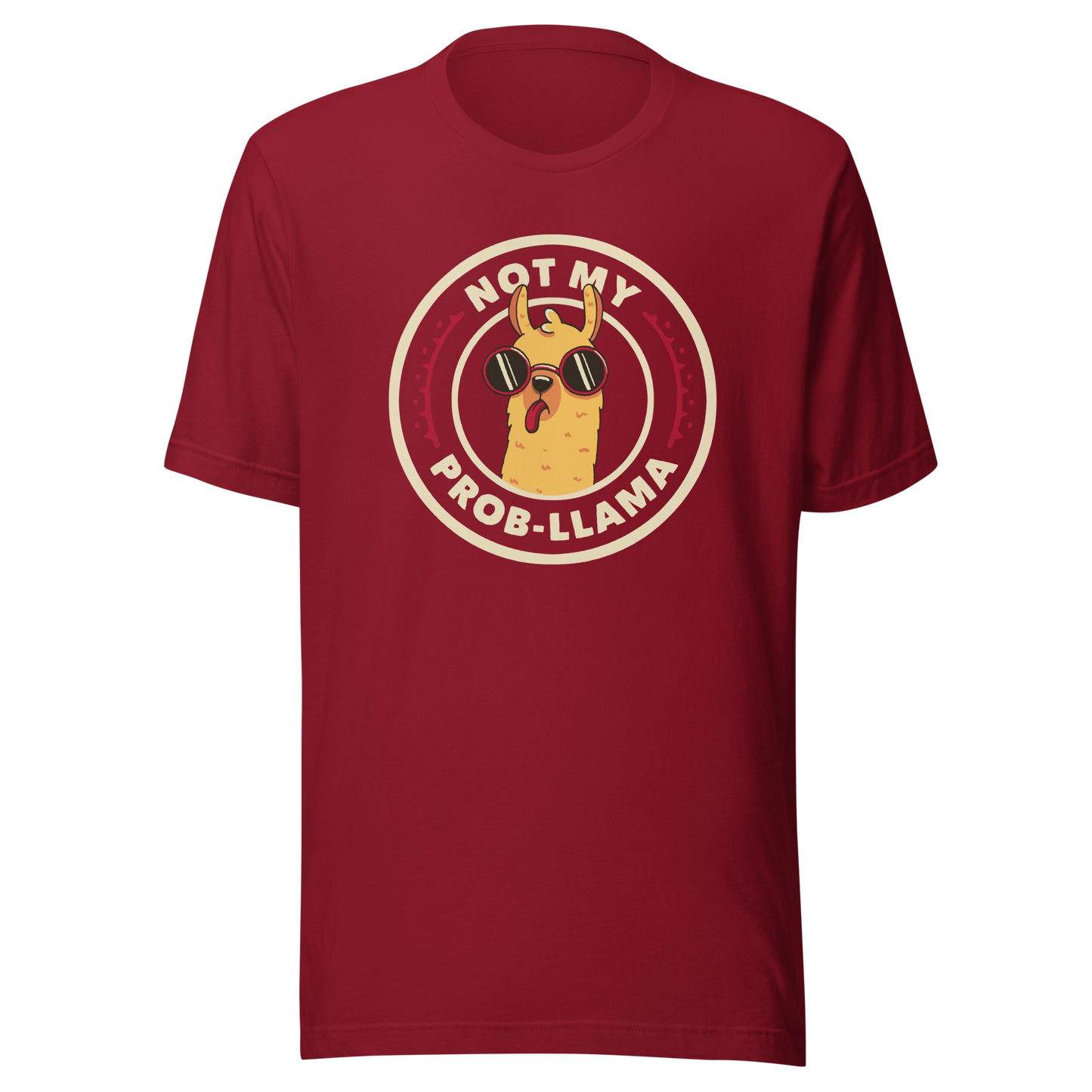 A delightful stamp-style illustration featuring a playful llama wearing sunglasses and sticking out its tongue. Framing the image is the witty phrase “Not My Prob-Llama,” adding a humorous twist to the llama’s carefree attitude. Fun, lighthearted, and full of personality, this artwork is perfect for anyone who loves llamas and enjoys a touch of sarcastic humor.