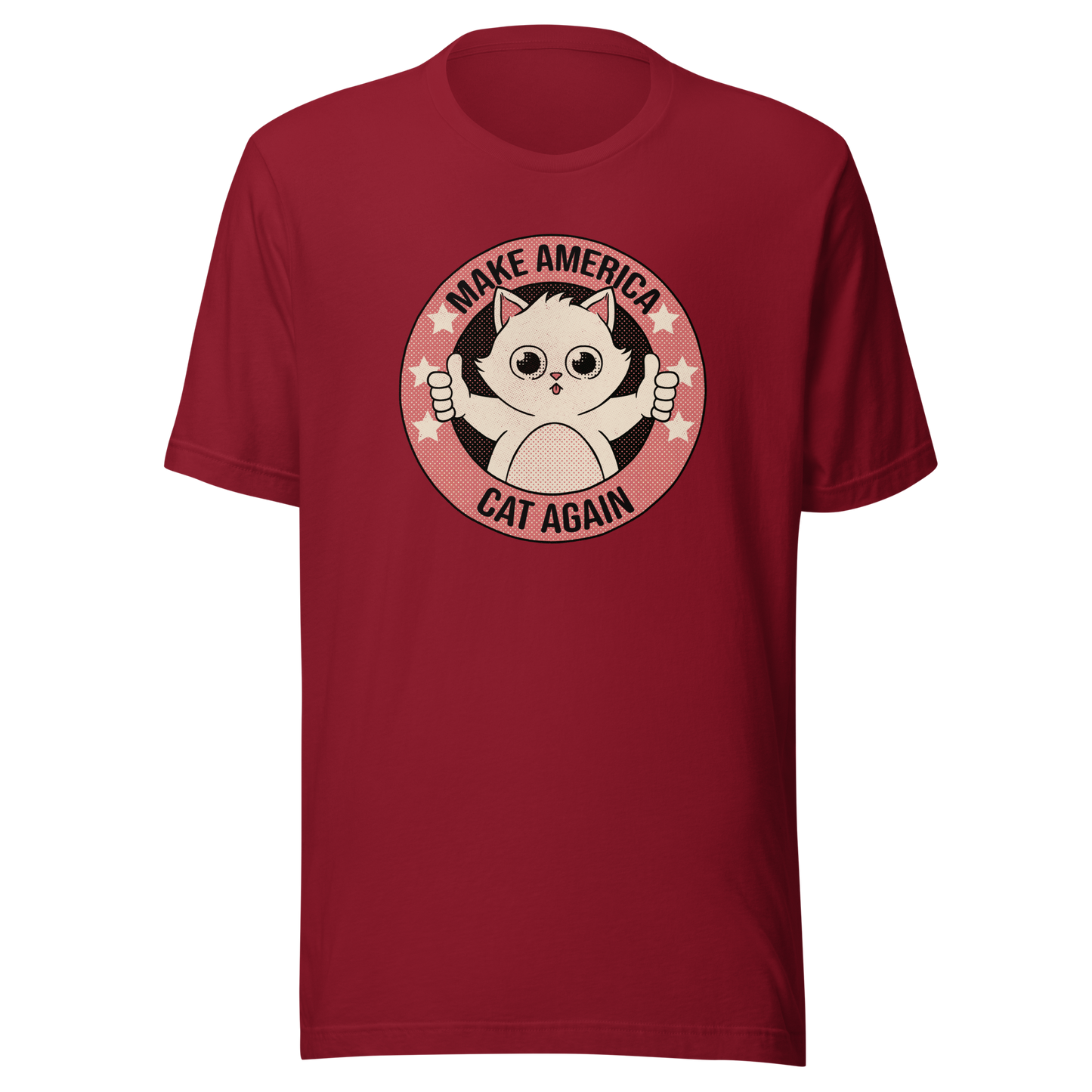A stamp-style illustration of a cute kitten giving a two-finger thumbs-up, paired with the humorous phrase “Make America Cat Again”. A fun, ironic design for cat lovers and fans of playful pop culture art.