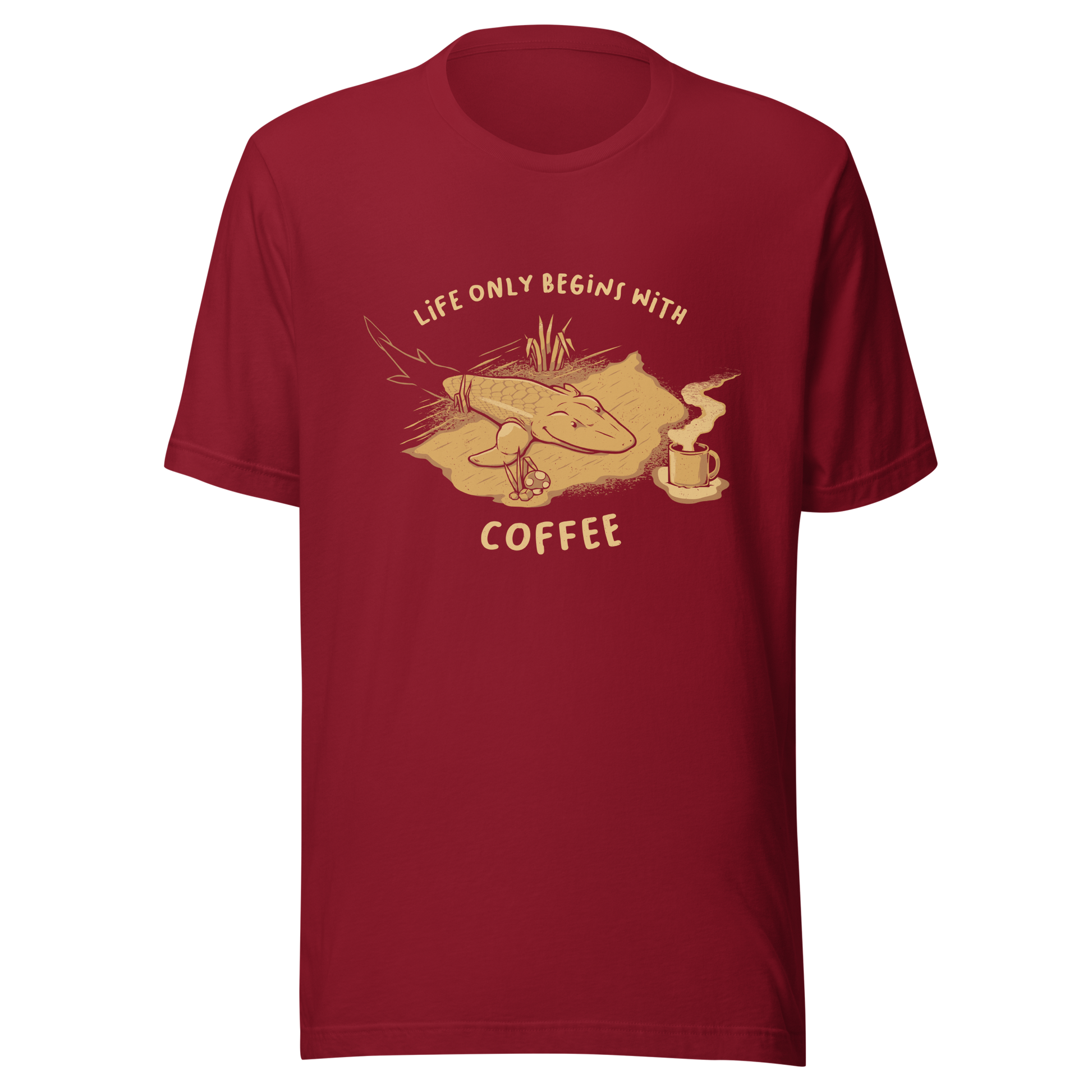 This funny illustration shows a tadpole evolving into a terrestrial creature while reaching for a cup of coffee. Paired with the phrase ‘Life Begins After Coffee Evolution’, the artwork humorously compares human evolution to our daily need for coffee.