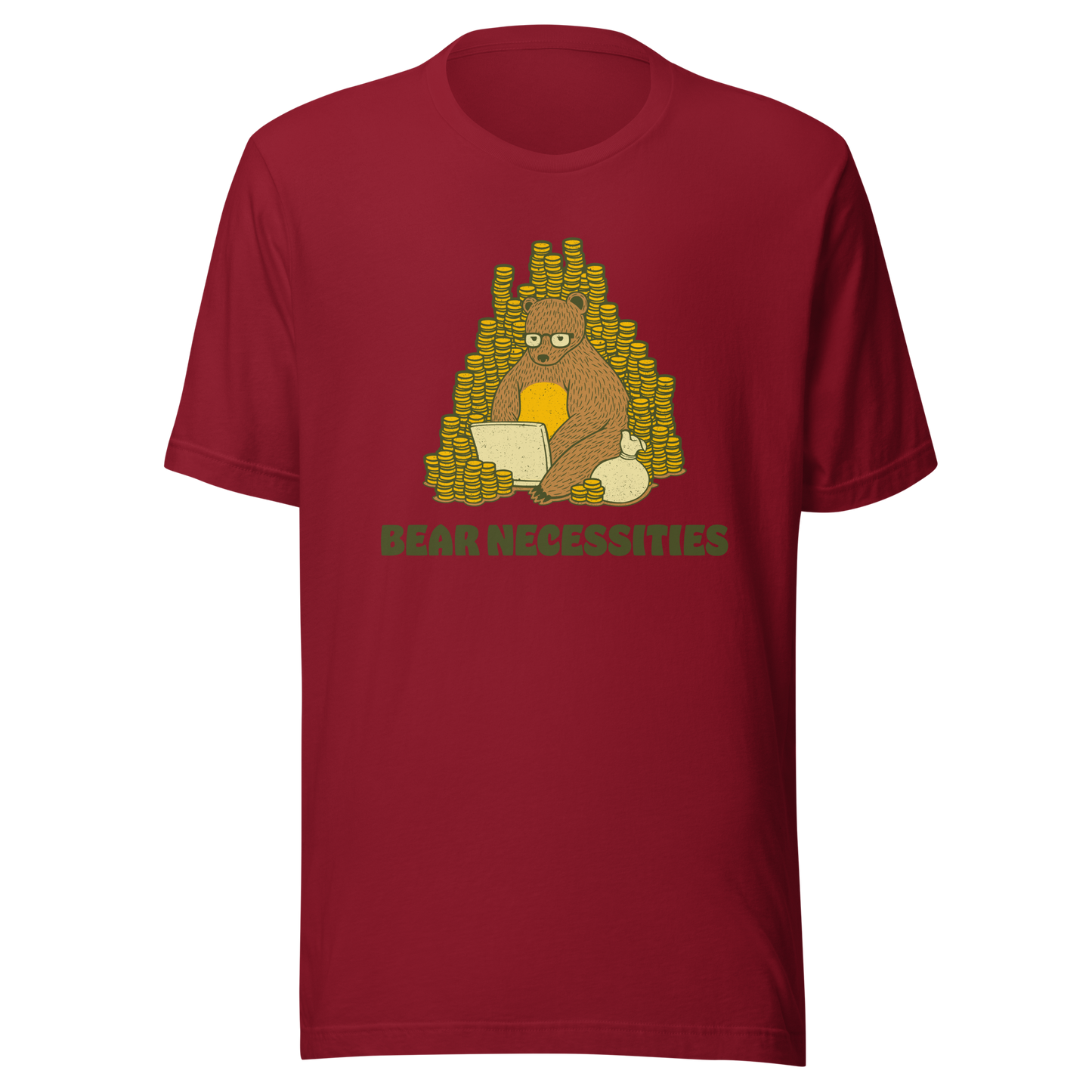 A brown bear wearing glasses works on his laptop, surrounded by stacks of coins. The phrase ‘Bear Necessities’ adds a clever, humorous twist. A minimalist and playful design, perfect for entrepreneurs, freelancers, office lovers and fans of witty animal art.