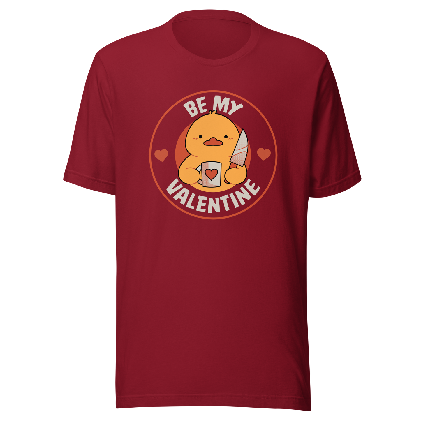 A cute duckling holding a heart-shaped coffee mug and a small knife, paired with the phrase ‘Be My Valentine Funny Duck’. A playful mix of cuteness and dark humor, perfect for coffee lovers and fans of ironic, quirky art.
