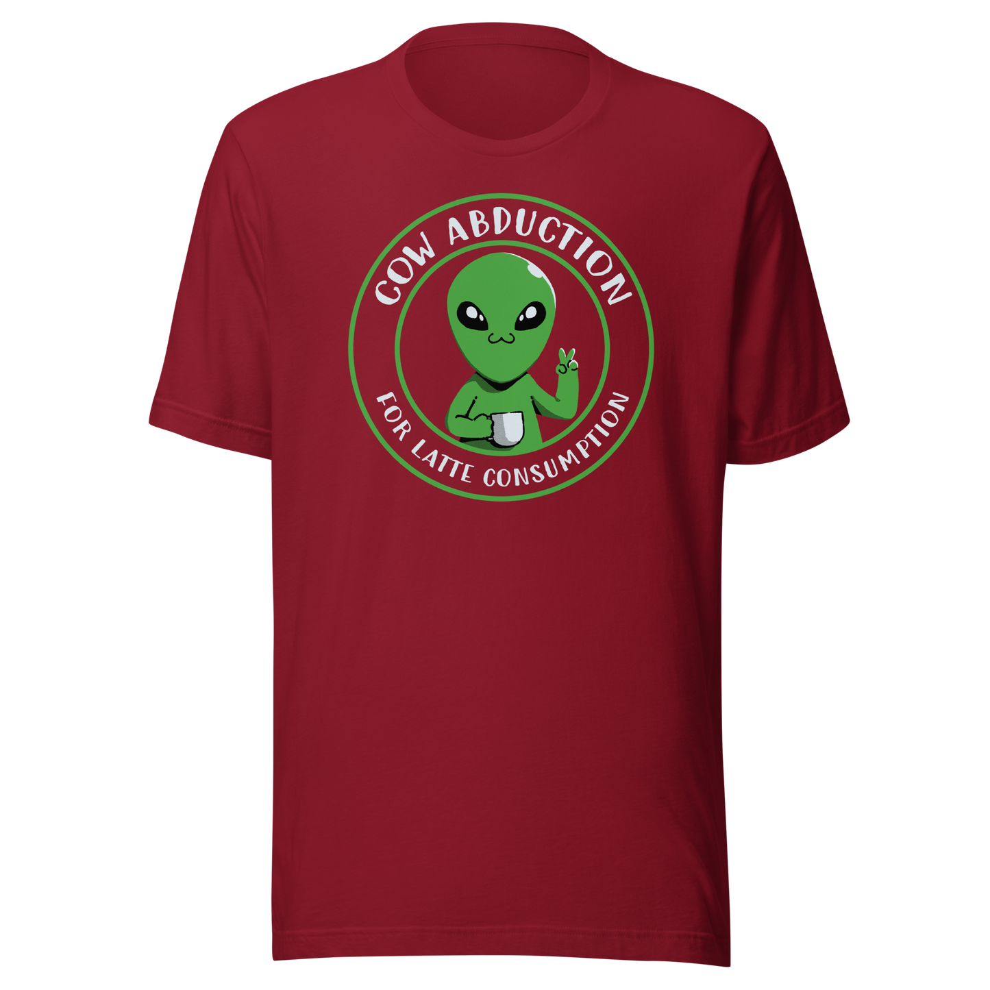 A cute alien holding a cup of coffee, paired with the phrase ‘Cow Abduction For Latte Consumption’. A playful and humorous design that mixes sci-fi vibes with coffee obsession. Perfect for coffee lovers, alien enthusiasts, and anyone who enjoys quirky, funny art with a cosmic twist.