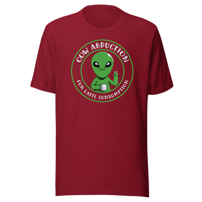 A cute alien holding a cup of coffee, paired with the phrase ‘Cow Abduction For Latte Consumption’. A playful and humorous design that mixes sci-fi vibes with coffee obsession. Perfect for coffee lovers, alien enthusiasts, and anyone who enjoys quirky, funny art with a cosmic twist.