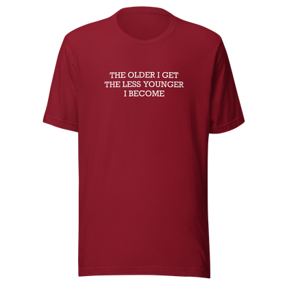 This typographic design features the phrase ‘The older I get the less younger I become’, a funny and ironic take on getting older. A clean and minimalist quote artwork, perfect for fans of sarcastic humor, witty sayings, and relatable designs.