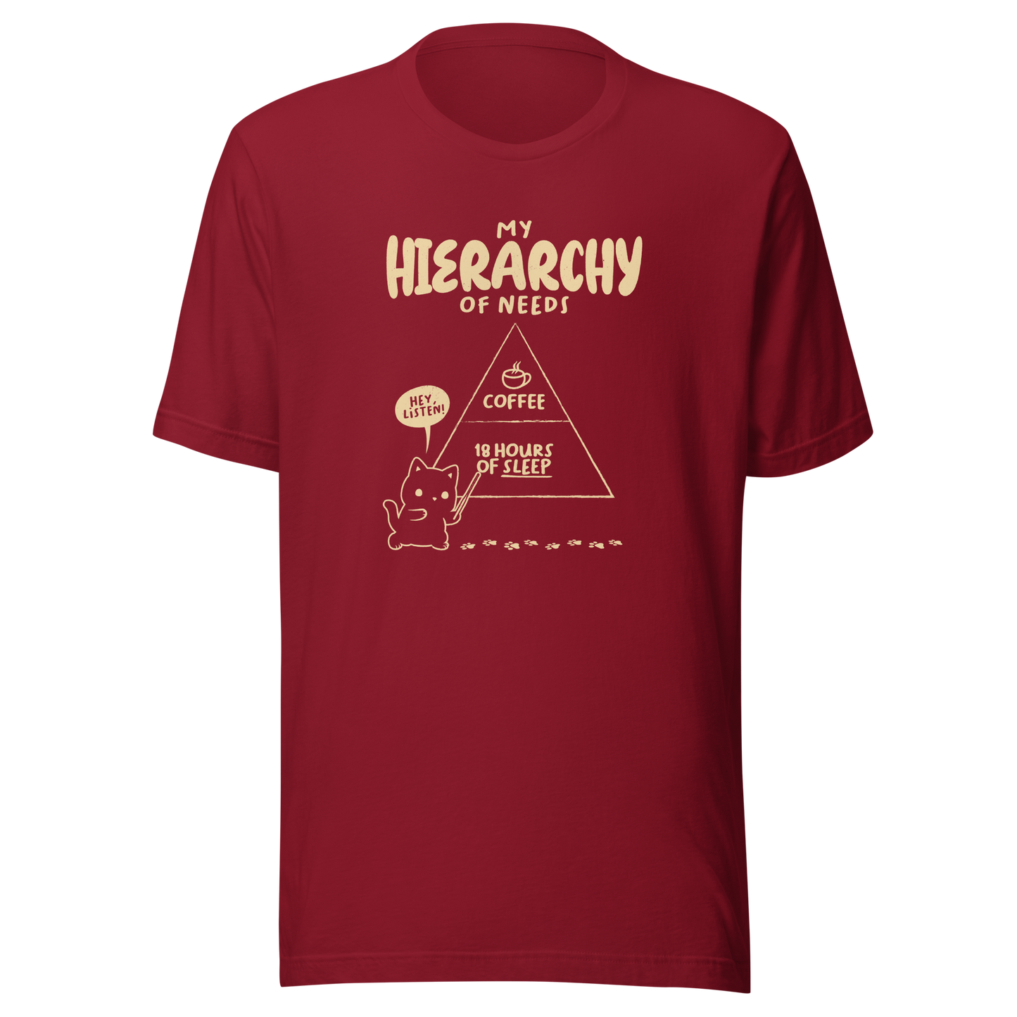 A playful illustration of a cat holding a pointer and presenting its own hierarchy of needs on a triangle chart, with coffee at the very top and 18 hours of sleep right below. A humorous piece for cat lovers who know exactly what really matters.