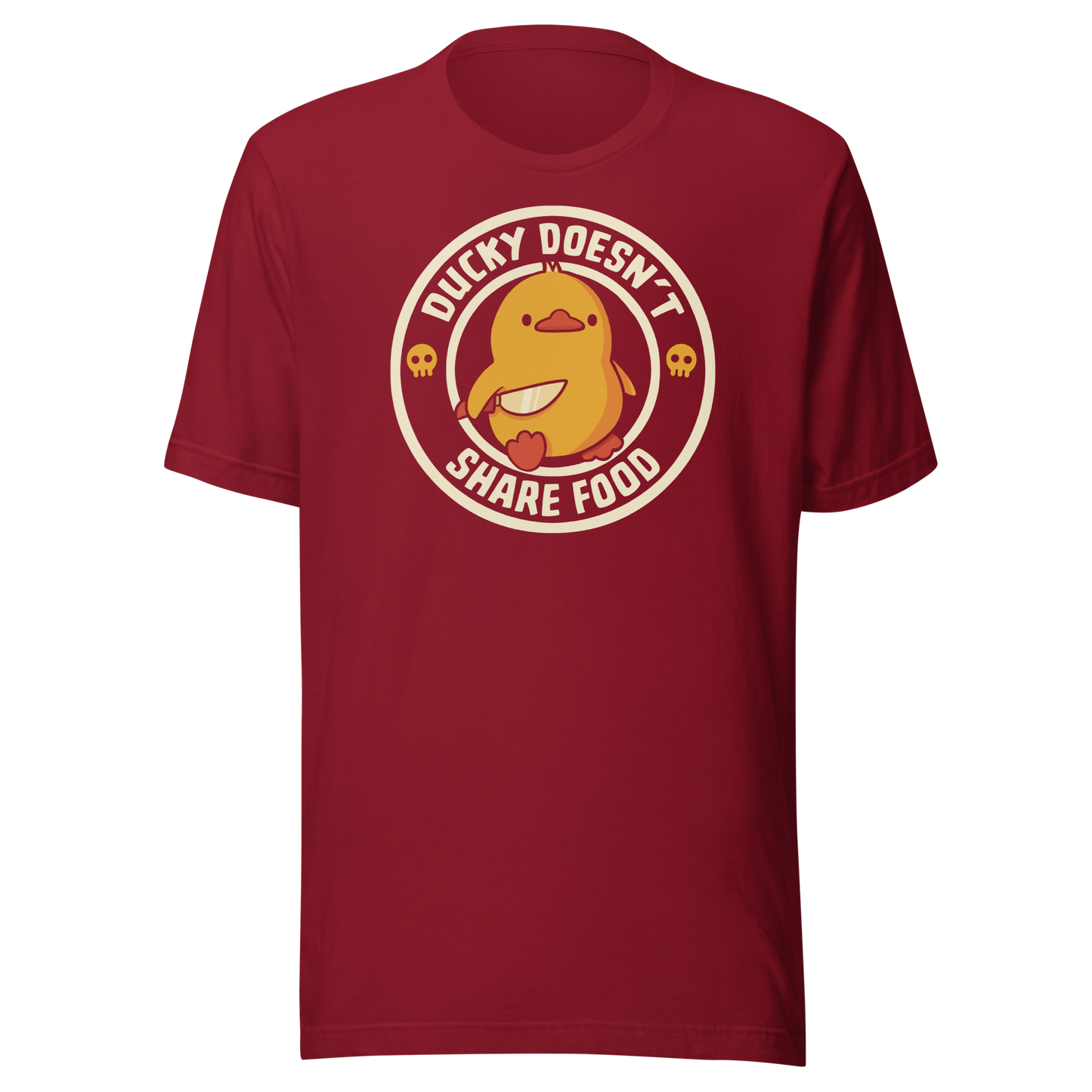 A cute yellow duck holding a small knife, paired with the phrase “Ducky Doesn’t Share Food”. A funny and sarcastic design that contrasts adorable looks with an aggressive, food-protective duck attitude.