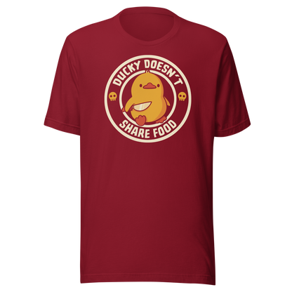 A cute yellow duck holding a small knife, paired with the phrase “Ducky Doesn’t Share Food”. A funny and sarcastic design that contrasts adorable looks with an aggressive, food-protective duck attitude.