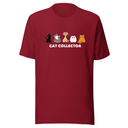 An adorable illustration featuring five kittens sitting side by side: a black kitten, a gray and white kitten, a Siamese, a fluffy white, and an orange cat. Below them, the phrase “Cat Collector” celebrates the joy of loving (and collecting) cats. A playful and charming design perfect for true cat lovers.