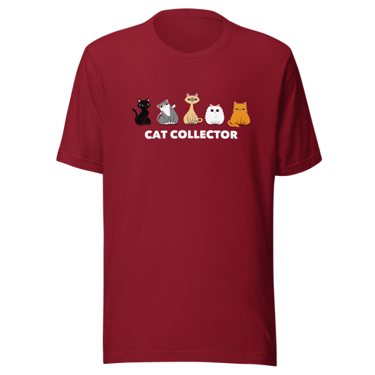 An adorable illustration featuring five kittens sitting side by side: a black kitten, a gray and white kitten, a Siamese, a fluffy white, and an orange cat. Below them, the phrase “Cat Collector” celebrates the joy of loving (and collecting) cats. A playful and charming design perfect for true cat lovers.