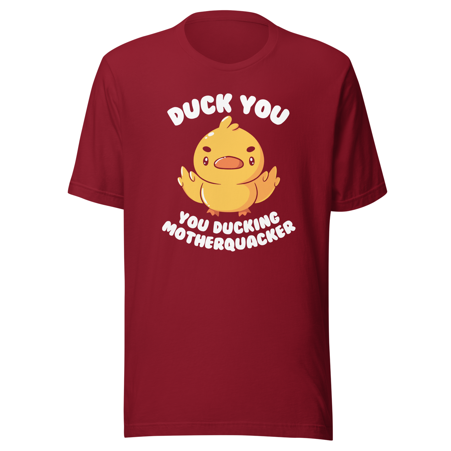 A cute yellow duckling with a mean face showing his middle fingers, next to it the phrase "Duck You, you ducking motherquacker". An art with humor for those who love ducks.