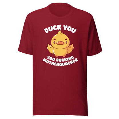 A cute yellow duckling with a mean face showing his middle fingers, next to it the phrase "Duck You, you ducking motherquacker". An art with humor for those who love ducks.