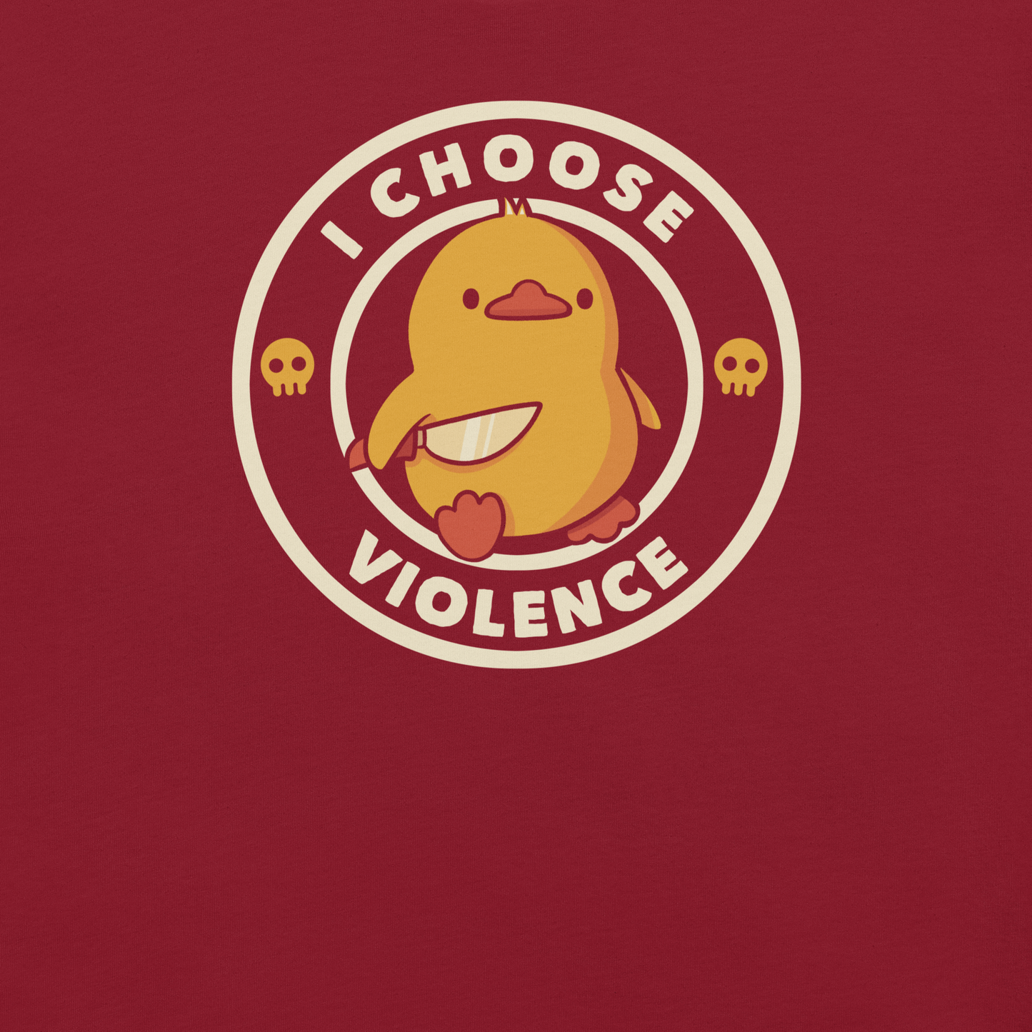 A cute yellow duck holding a small knife, around it the text "I choose violence". An art that mixes humor with the temperament of ducks.