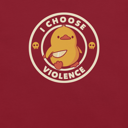 A cute yellow duck holding a small knife, around it the text "I choose violence". An art that mixes humor with the temperament of ducks.
