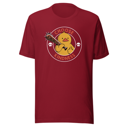 A tough-looking duck holds a spiked bat labeled “Kindness”, giving a thumbs up while surrounded by the phrase “Choose Kindness”. This bold design delivers a chaotic yet wholesome message: choose kindness — or else. Ideal for fans of dark humor, ducks with attitude, and ironic motivational vibes.
