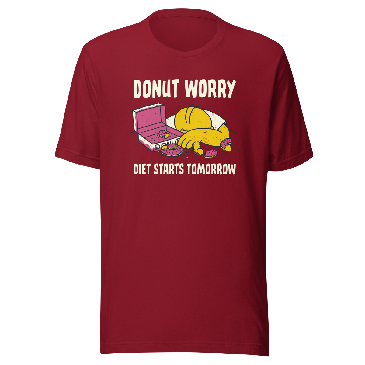 A playful design featuring a sleepy yellow cartoon character next to an open box of donuts, surrounded by crumbs and icing, with the phrase “Donut Worry Diet Starts Tomorrow”. Sweet, relatable and full of humor, it’s the perfect gift for donut lovers and anyone who believes diets can always start tomorrow.