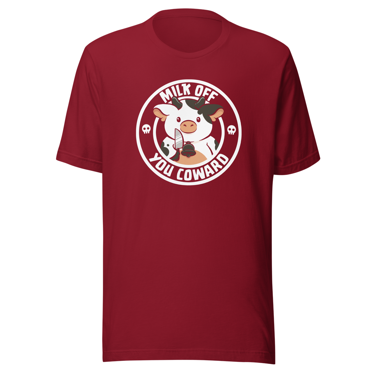 A quirky stamp-style design featuring a cute spotted cow holding a knife alongside the phrase "Milk Off You Coward". Blending dark humour with a cheeky attitude, this playful design is perfect for cow lovers, fans of sarcastic humour, and anyone who enjoys bold, irreverent artwork.