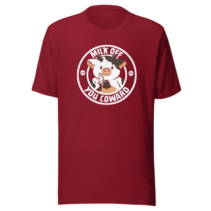 A quirky stamp-style design featuring a cute spotted cow holding a knife alongside the phrase "Milk Off You Coward". Blending dark humour with a cheeky attitude, this playful design is perfect for cow lovers, fans of sarcastic humour, and anyone who enjoys bold, irreverent artwork.