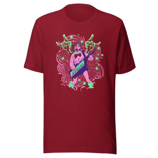 A bold retro-inspired design featuring an anime character playing a keytar, surrounded by stars, swirling patterns, and colorful psychedelic details. The combination of vibrant red, pink, green, and blue gives the artwork an energetic vintage-pop feel. Perfect for anyone into retro aesthetics, Japanese-inspired pop culture, and ready to face yokai or aliens.