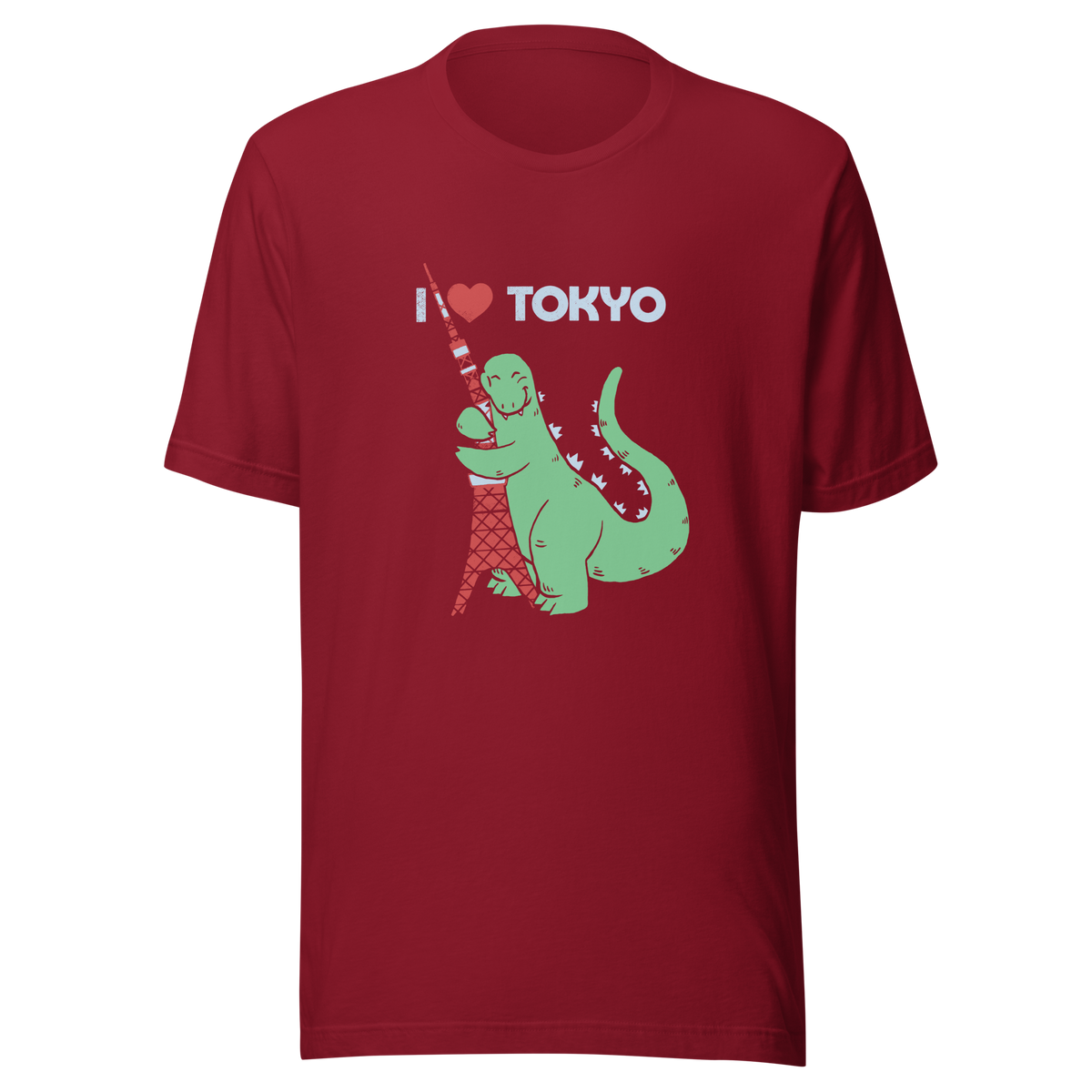 Funny cartoon monster hugging the Tokyo Tower under an “I Love Tokyo” sign. Retro-style parody artwork with vintage textures and playful giant-creature humor.