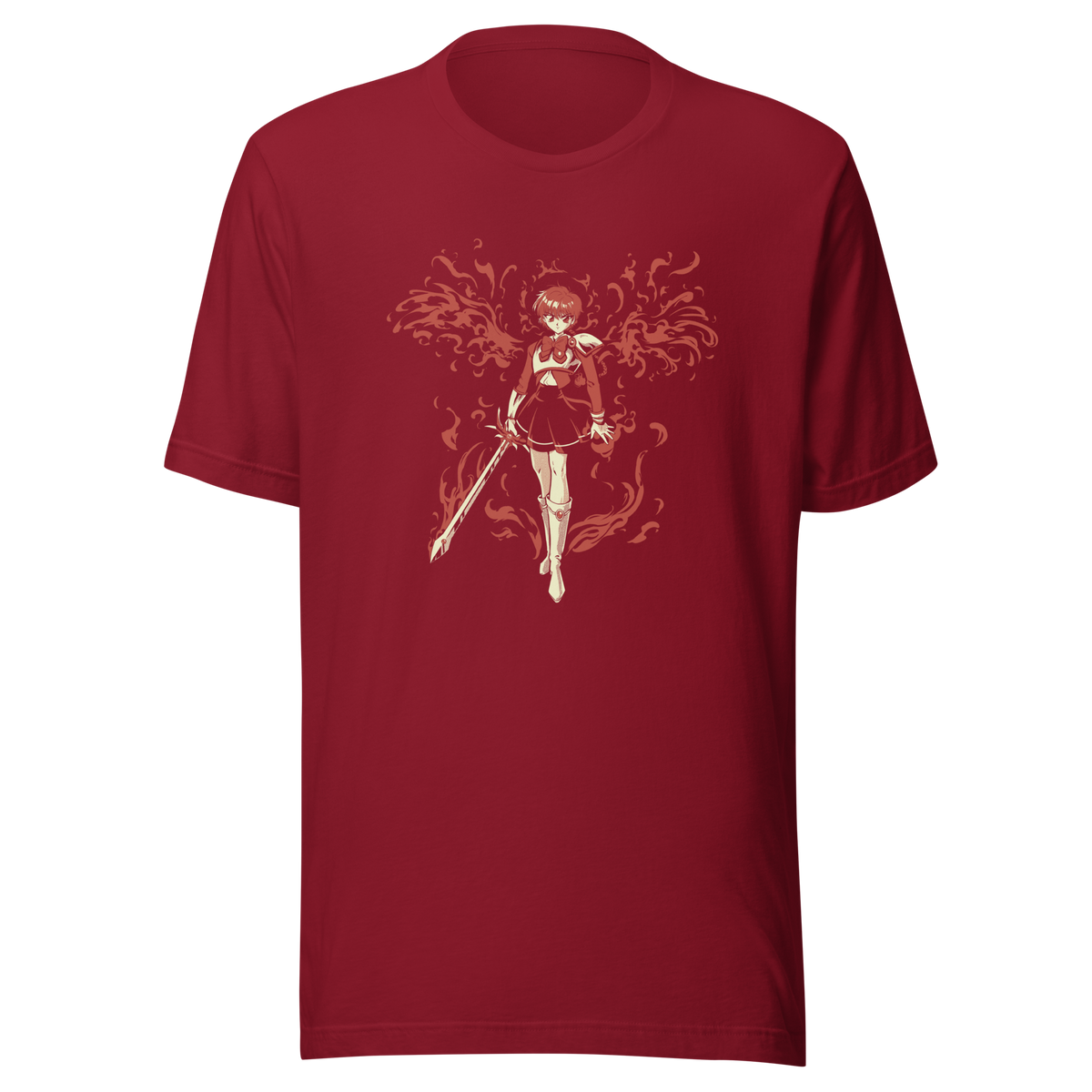Anime-style girl holding a sword, surrounded by flowing red flames.