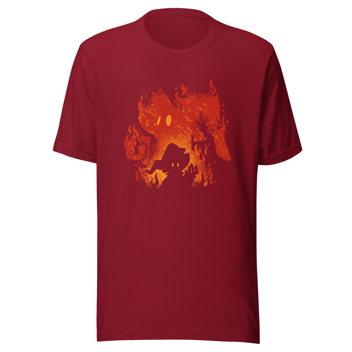 The silhouette of a character wearing a pointed hat emerges against a backdrop of their own shadow engulfed in flames, featuring a weathered texture. A striking design that evokes dark fantasy, magic, and fire.