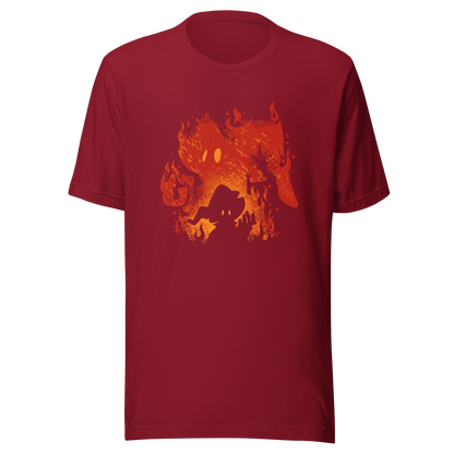 The silhouette of a character wearing a pointed hat emerges against a backdrop of their own shadow engulfed in flames, featuring a weathered texture. A striking design that evokes dark fantasy, magic, and fire.